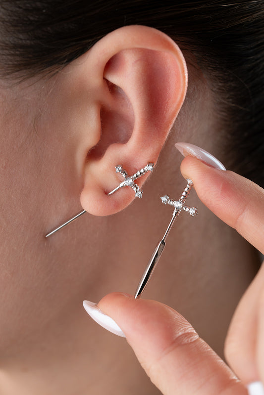 Silver sword earrings with zirconia stones