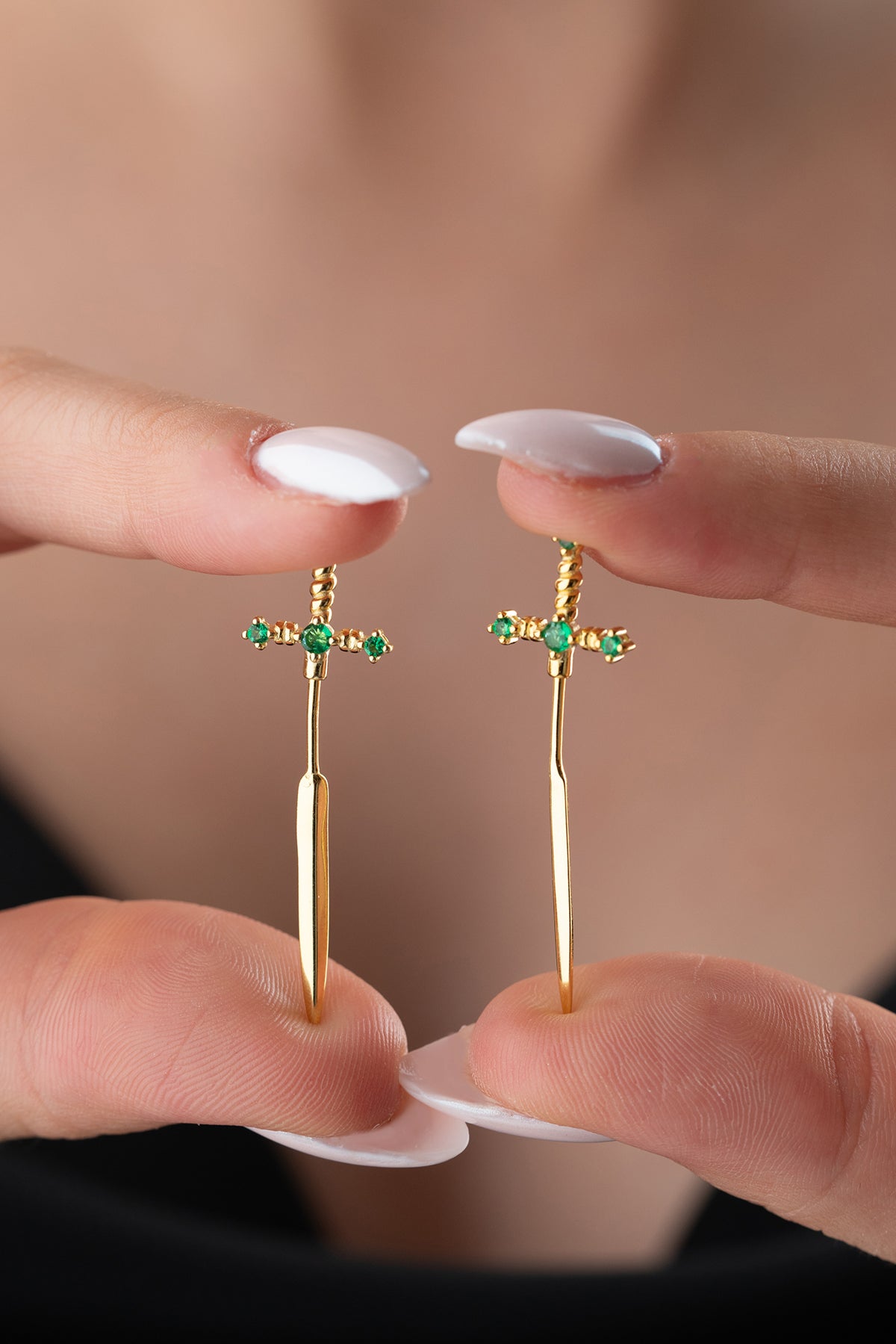 Green stone sword earring - minimalist design