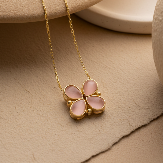 Klaver Ketting met Roze Stenen | 925 Zilver