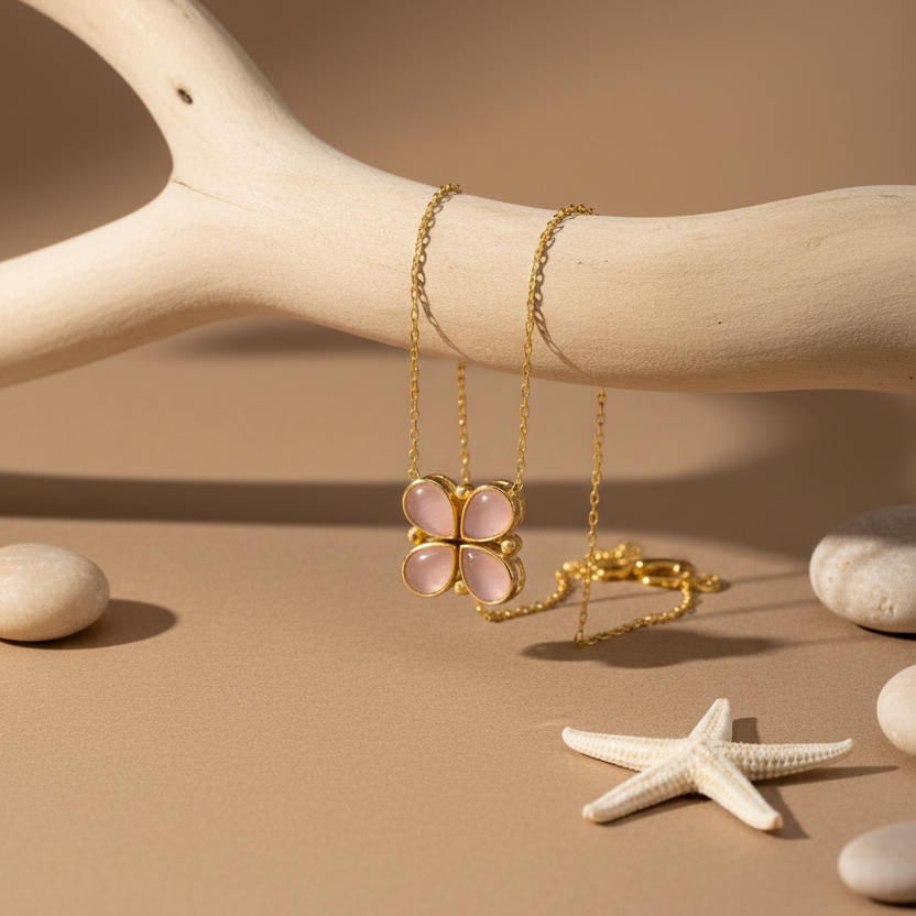Klaver Ketting met Roze Stenen | 925 Zilver