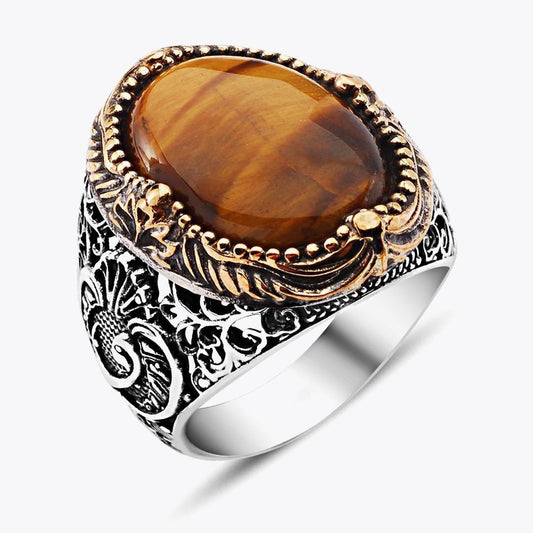 925 Silver Mens Ring With Tiger Eye Oval Stone LMR107
