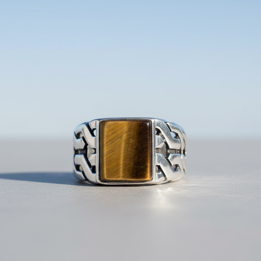 925 Silver Mens Ring With Tiger Eye Stone LMR263