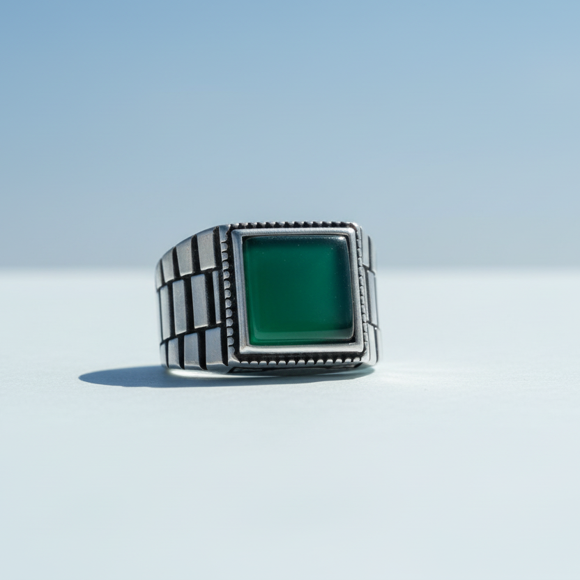 925 Silver Men's Ring with Green Agate Stone LMR341