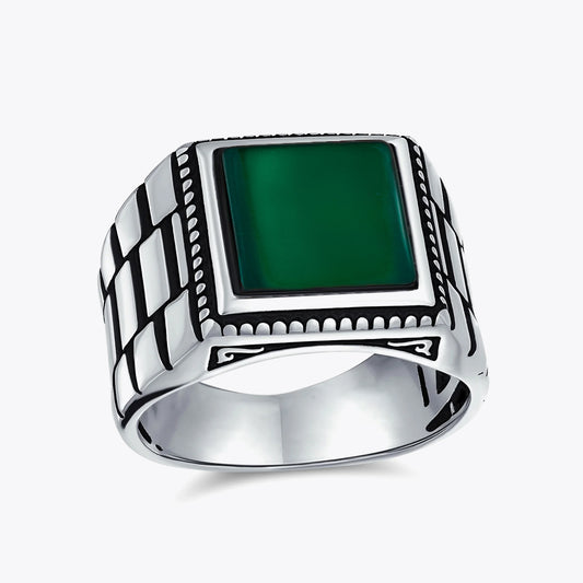925 Silver Men's Ring with Green Agate Stone LMR341