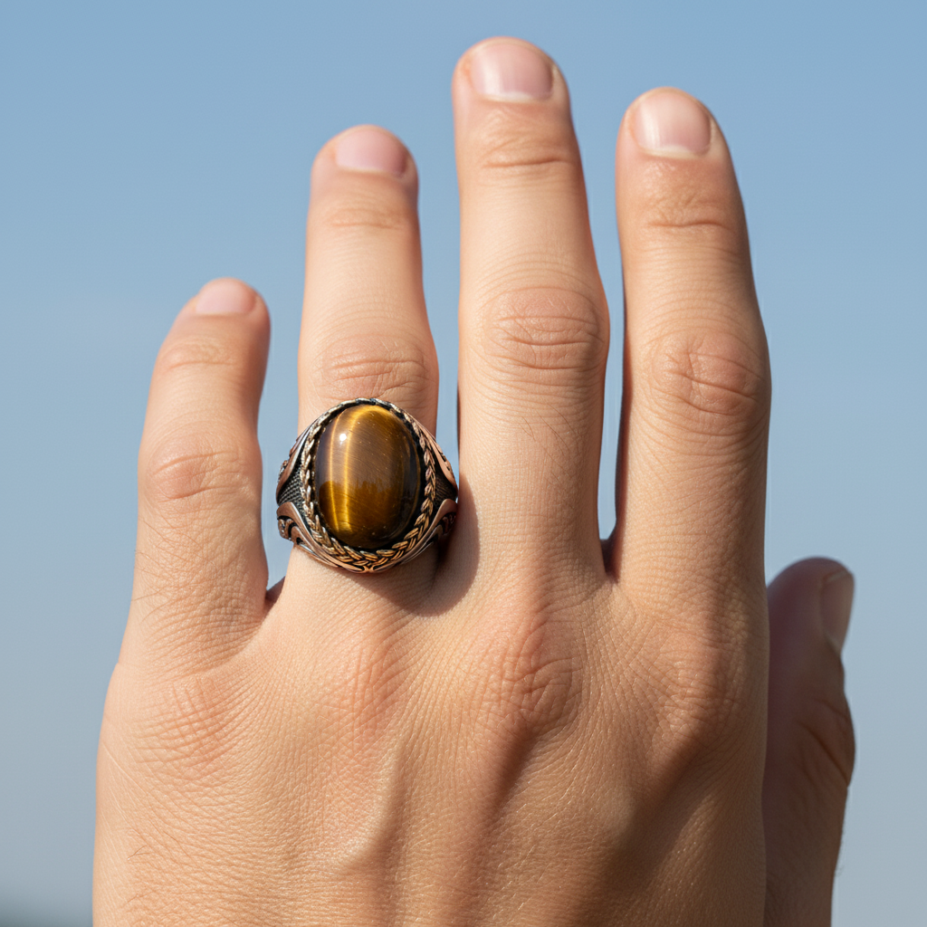 Herenring Met Tijgeroog Steen