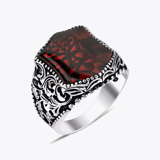 925 Silver Mens Ring With Red Agate Stone ORTBL171