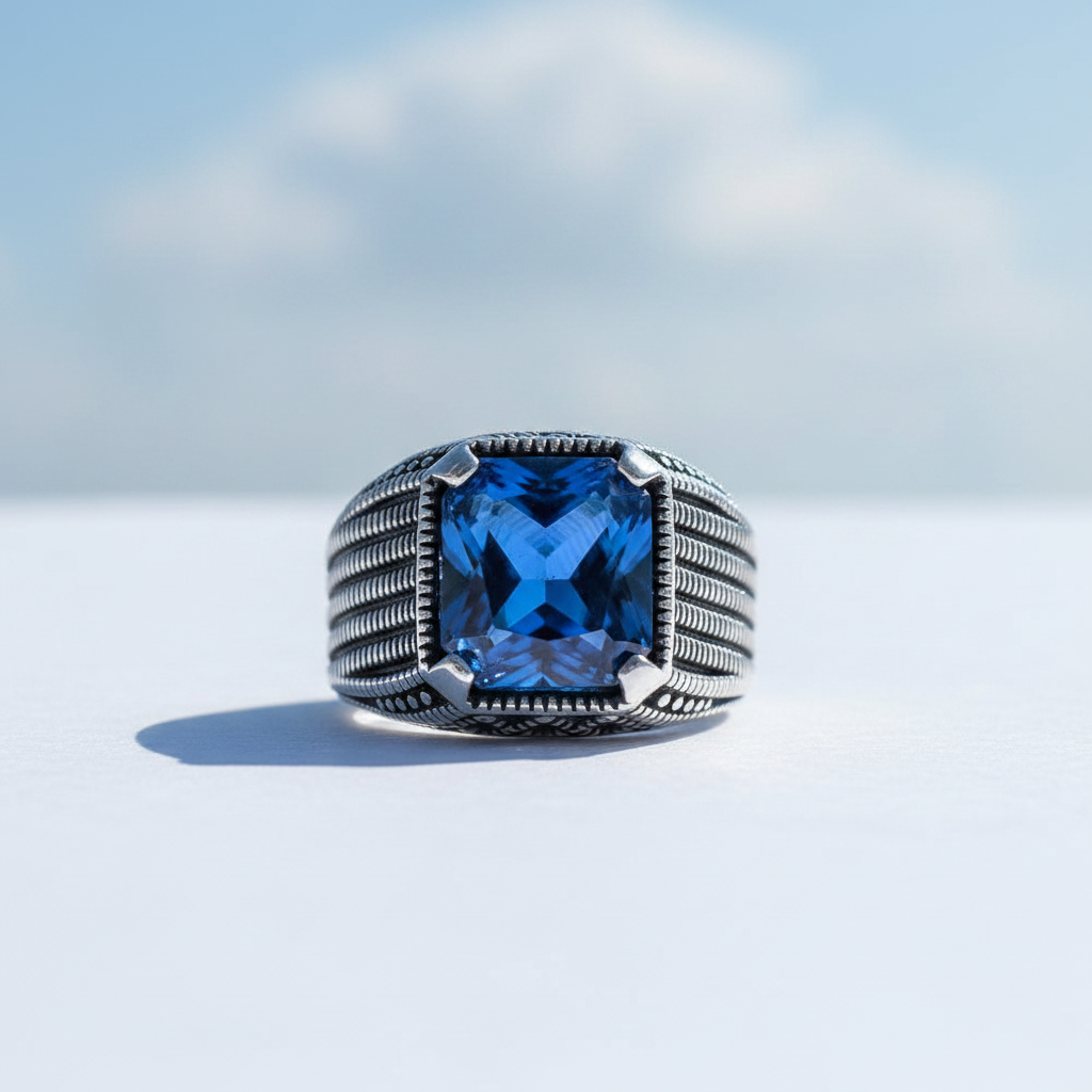 Silberner Herrenring mit blauem Stein