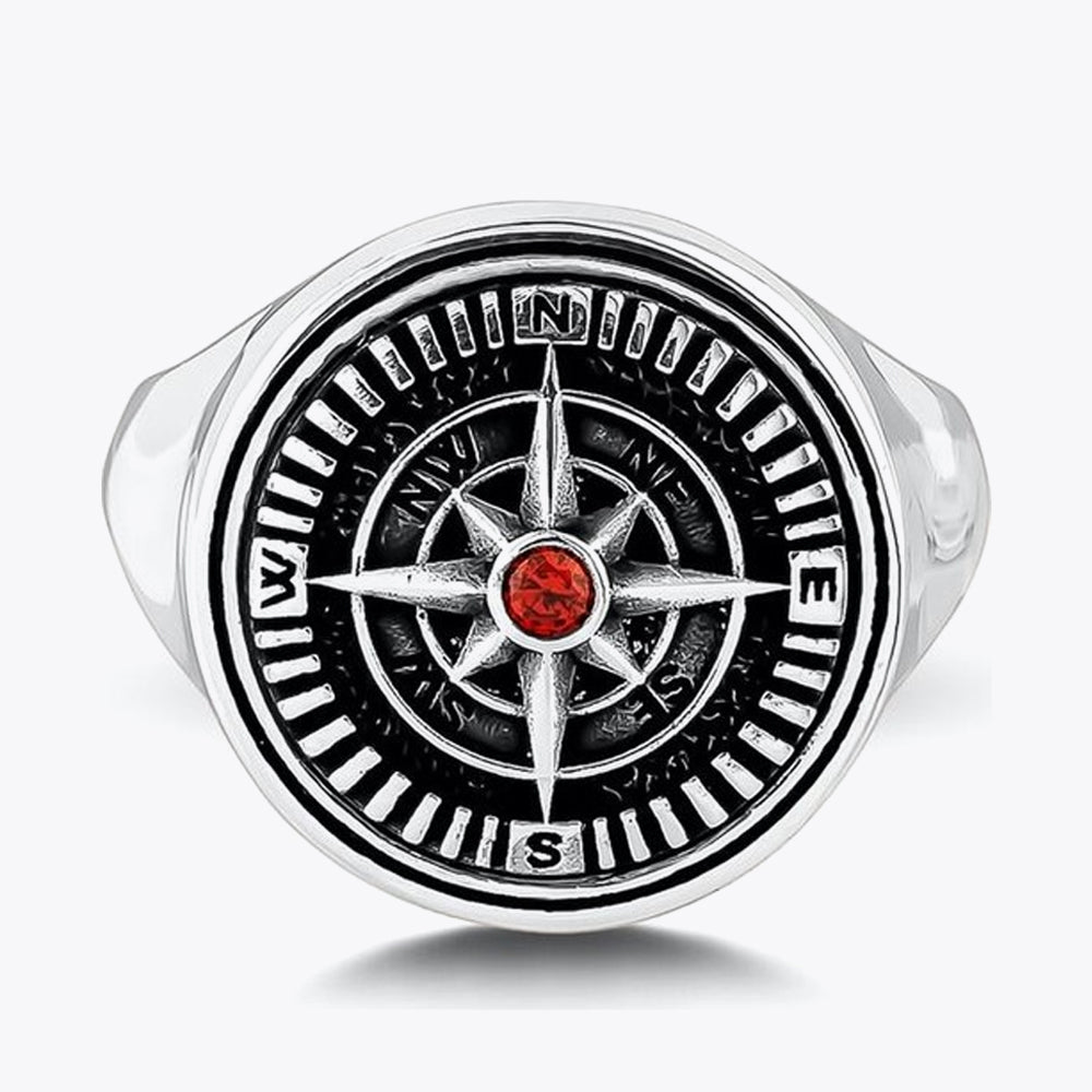 Kompas Zegelring met rode zirconia