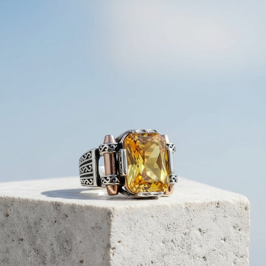 Herenring met Gele Zirkonia – 925 Sterling Zilver