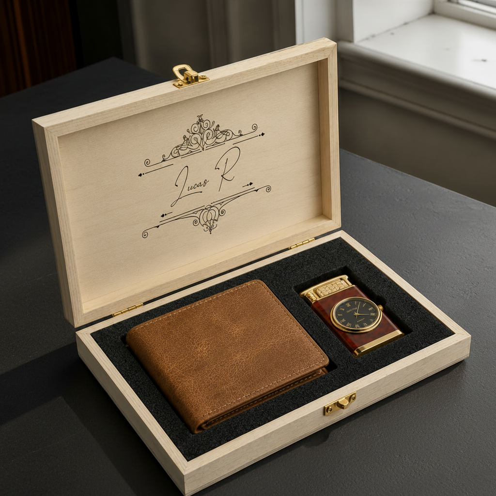 Leren Portemonnee en Aansteker Cadeauset in Houten Doos