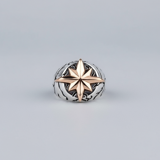 Men's ring with compass star of 925 sterling silver