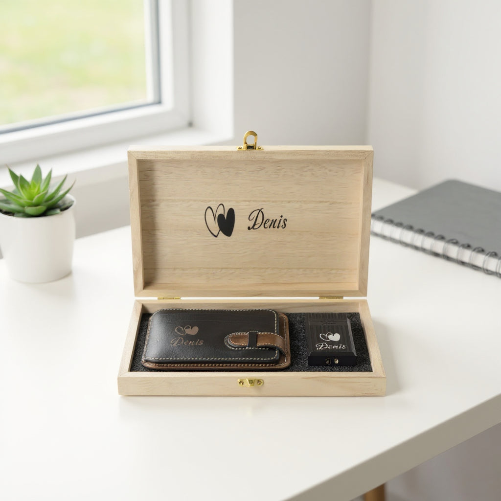 Personalisiertes Leder-Kartenetui und Feuerzeug-Geschenkset