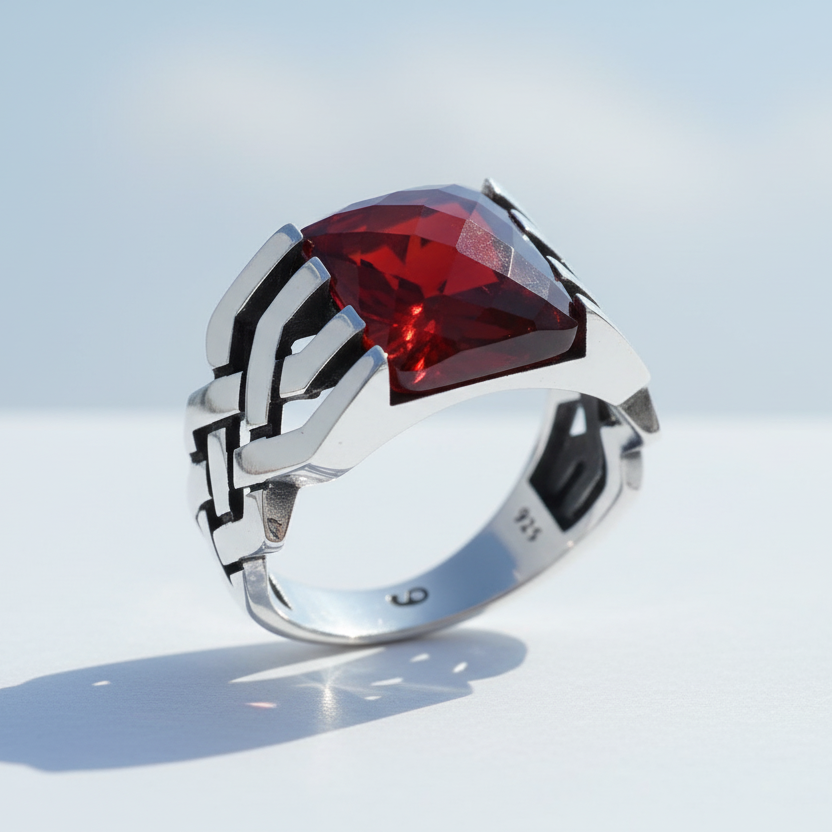 Red Stone Signet Ring for Men in Silver