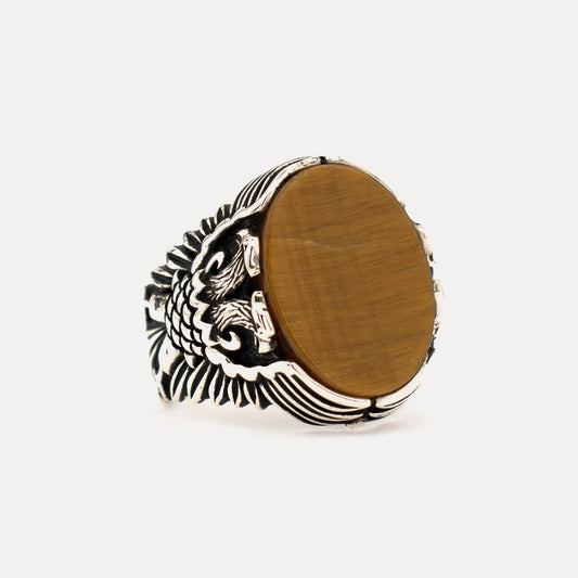 Tijgeroog Steen Dubbelkoppige Adelaar Sterling Zilveren Ring BLK004