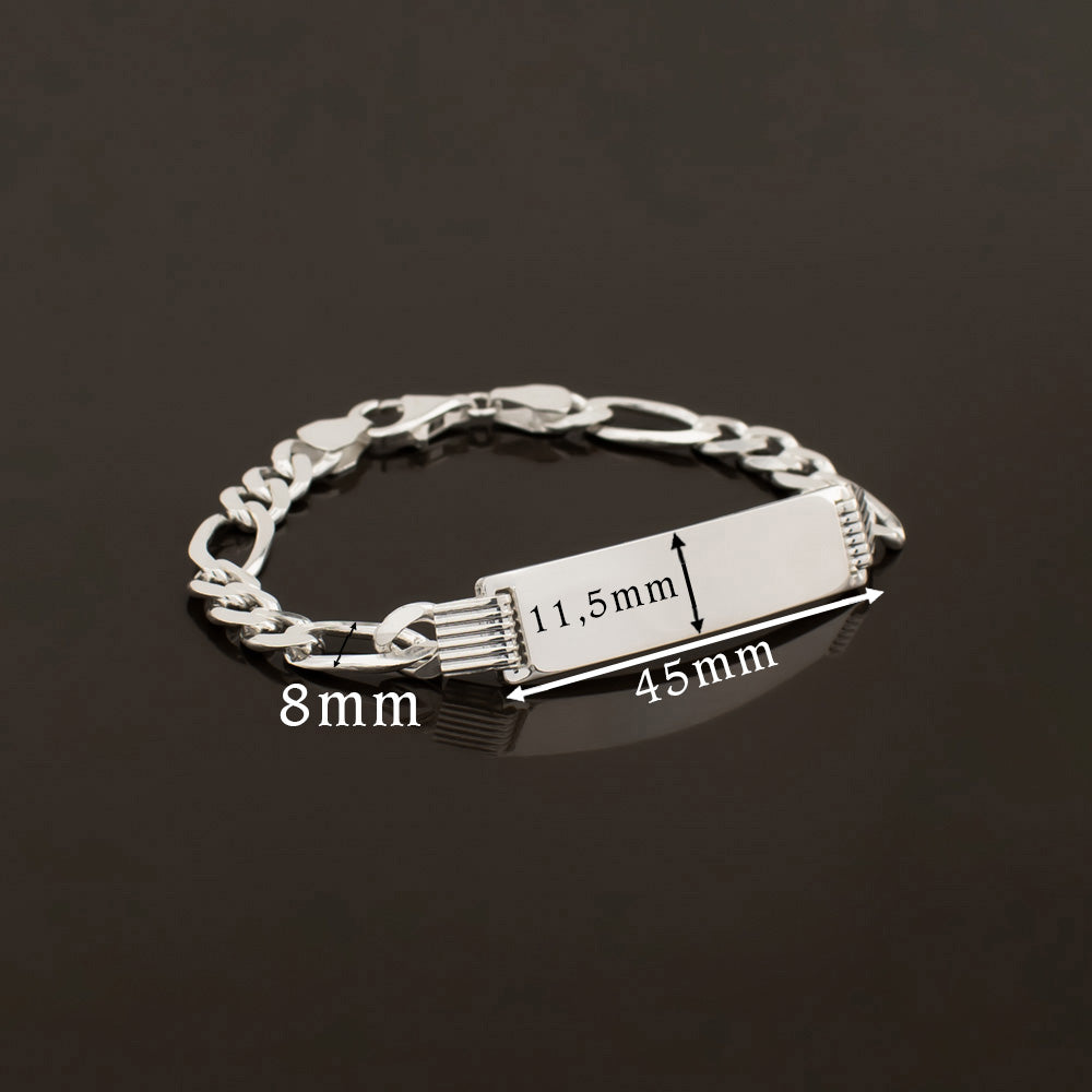 Bracelet Figaro avec plaque gravée, argent / 8 mm de large