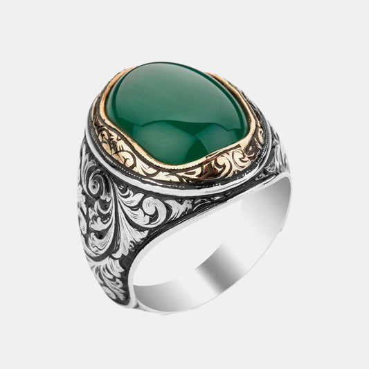 925s Silver Mens Ring With Green Agate Stone LMR355