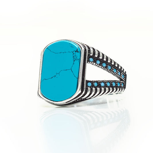 925 Silver Men's Ring With Turquoise Stone Rectangular LMR364