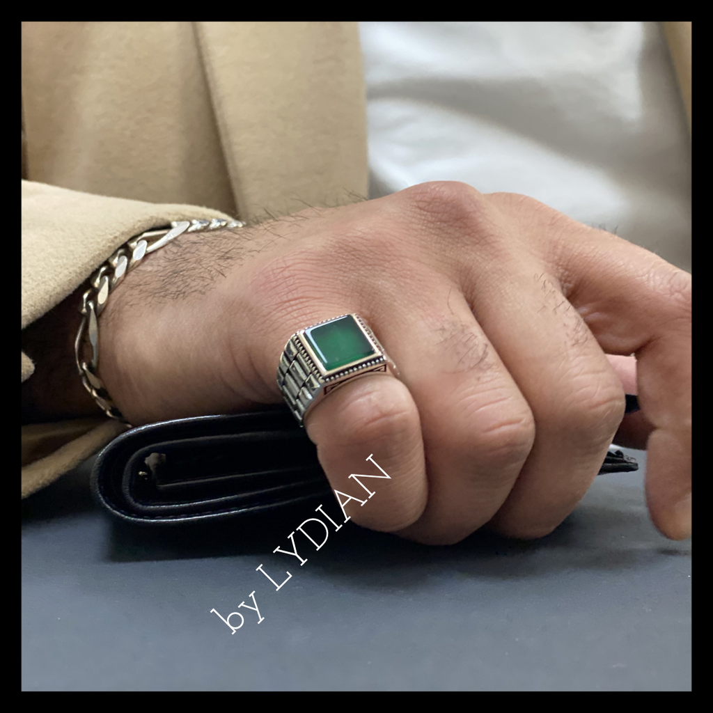 de eerste Patriottisch Macadam 925 Silver Mens Ring Green Agate Stone | LMR341| by LYDIAN